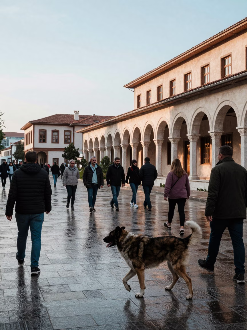 Busy Izmir Street Scene Early Afternoon with University Cloister and Wet Flagstones in in Izmir, Turkey