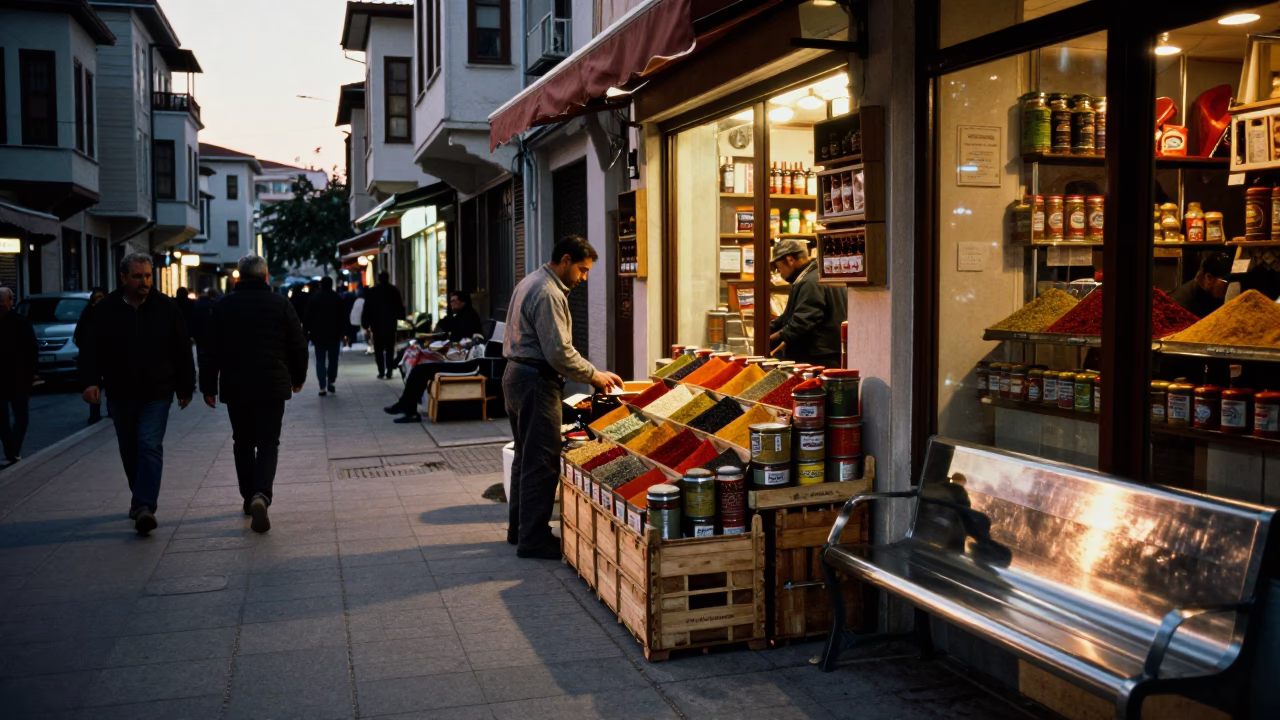 Busy Izmir Street Scene Early Evening with Spice Tins and Brushed Steel Bench in in Izmir, Turkey