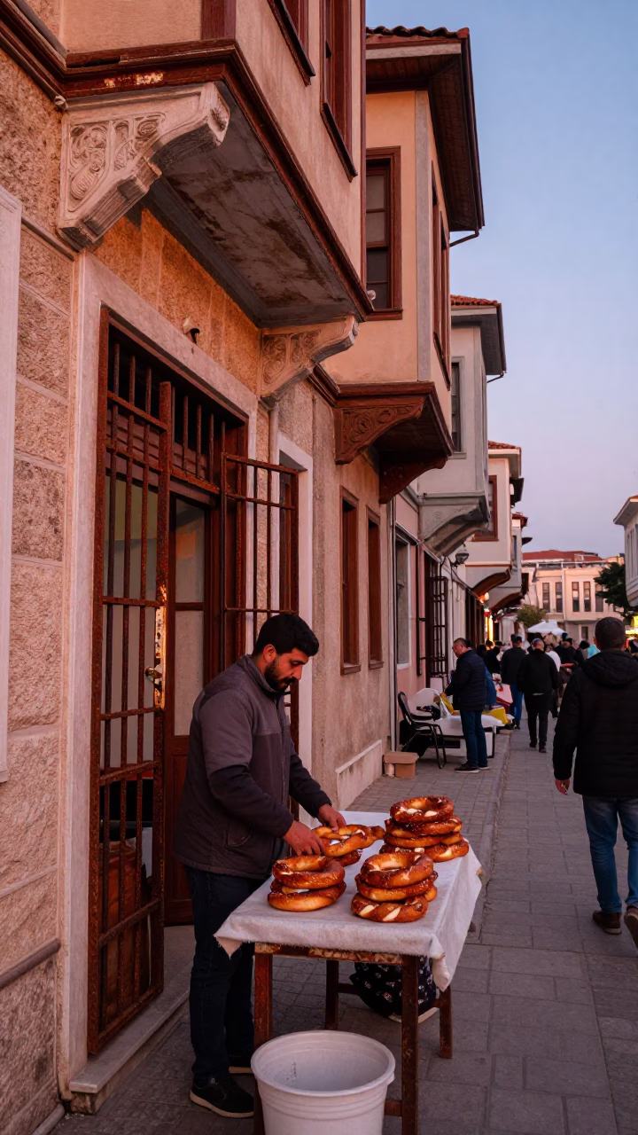 Busy Izmir Street Scene in Copper Dusk Light with Rust and Ivy in in Izmir, Turkey