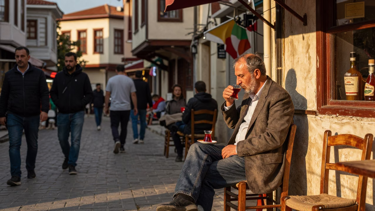 Busy Izmir Street Scene in Honeyed Evening Light with Local Life and Tea Culture in in Izmir, Turkey