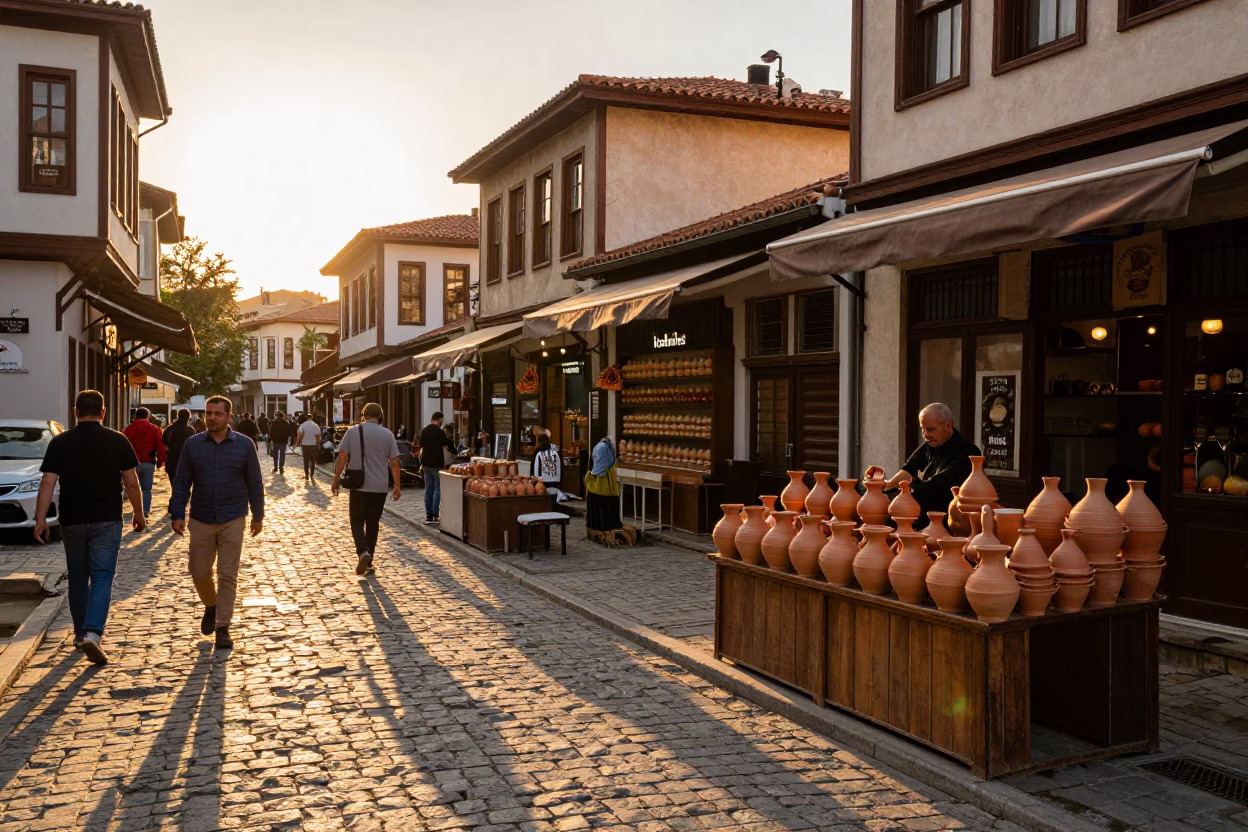 Busy Izmir Street Scene in Honeyed Evening Light with Local Market Activity in in Izmir, Turkey