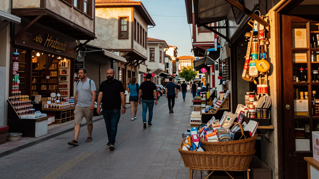 Busy Izmir Street Scene Late Afternoon with Local Shop Display and Pedestrians in in Izmir, Turkey