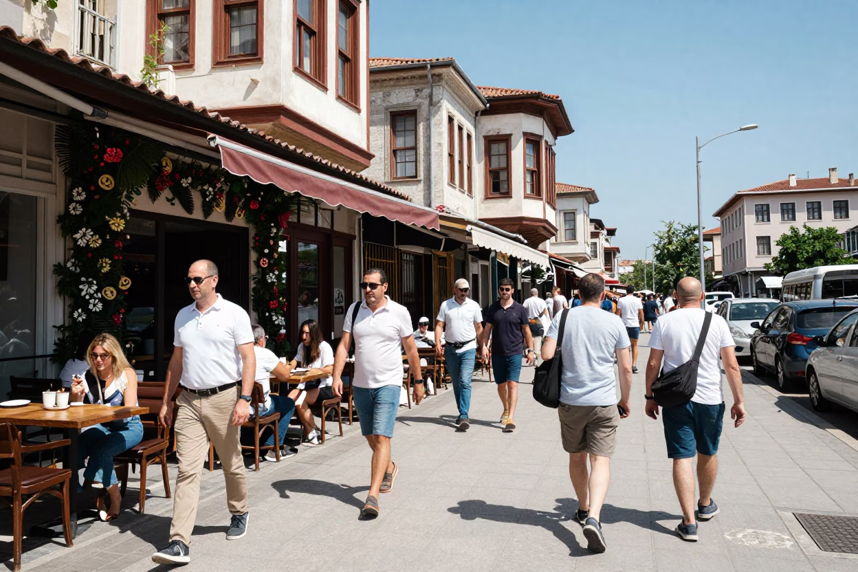 Busy Izmir Street Scene Under Noon Glare with Cafe Succulent Living Wall in in Izmir, Turkey