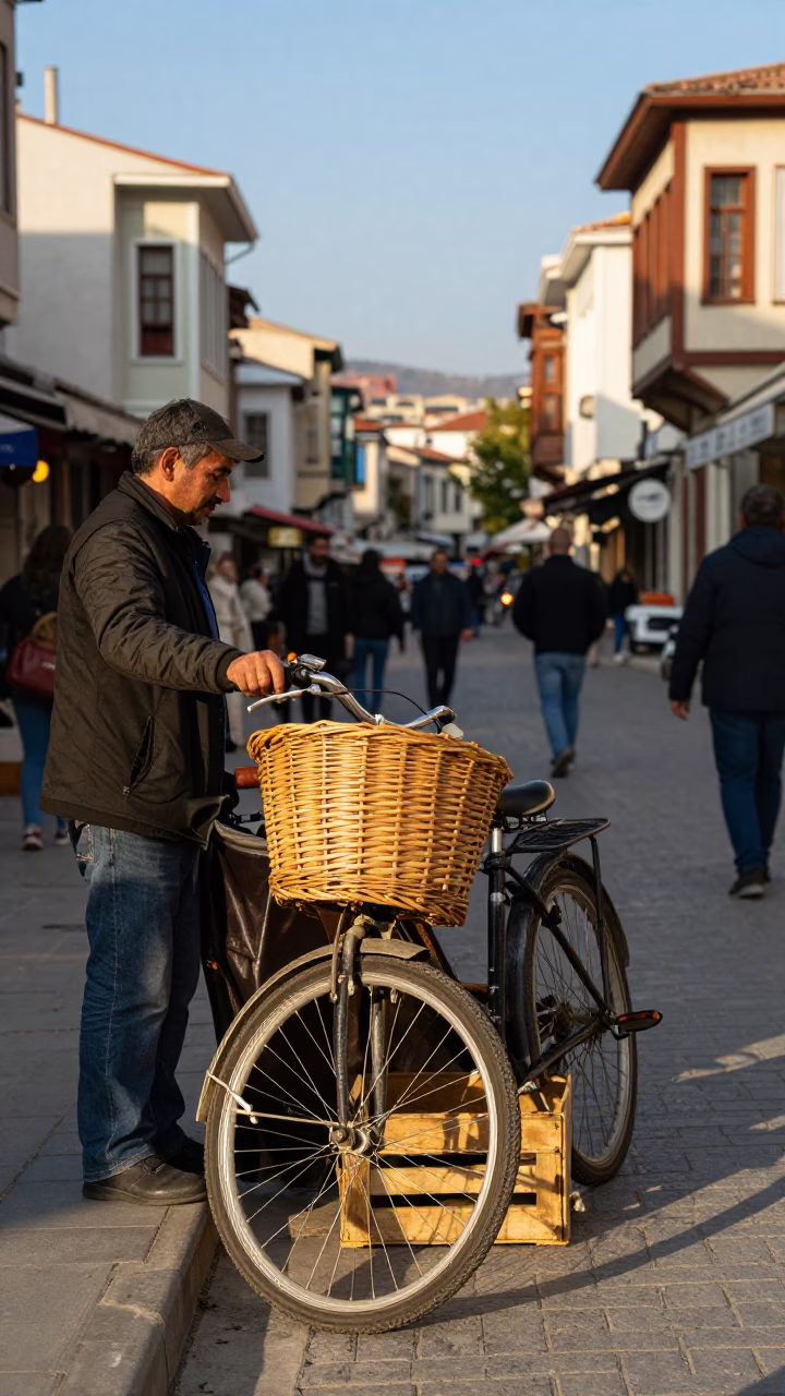 Busy Izmir Street Scene with Bicycle Basket and Wicker Shadow in Late Afternoon Light in in Izmir, Turkey