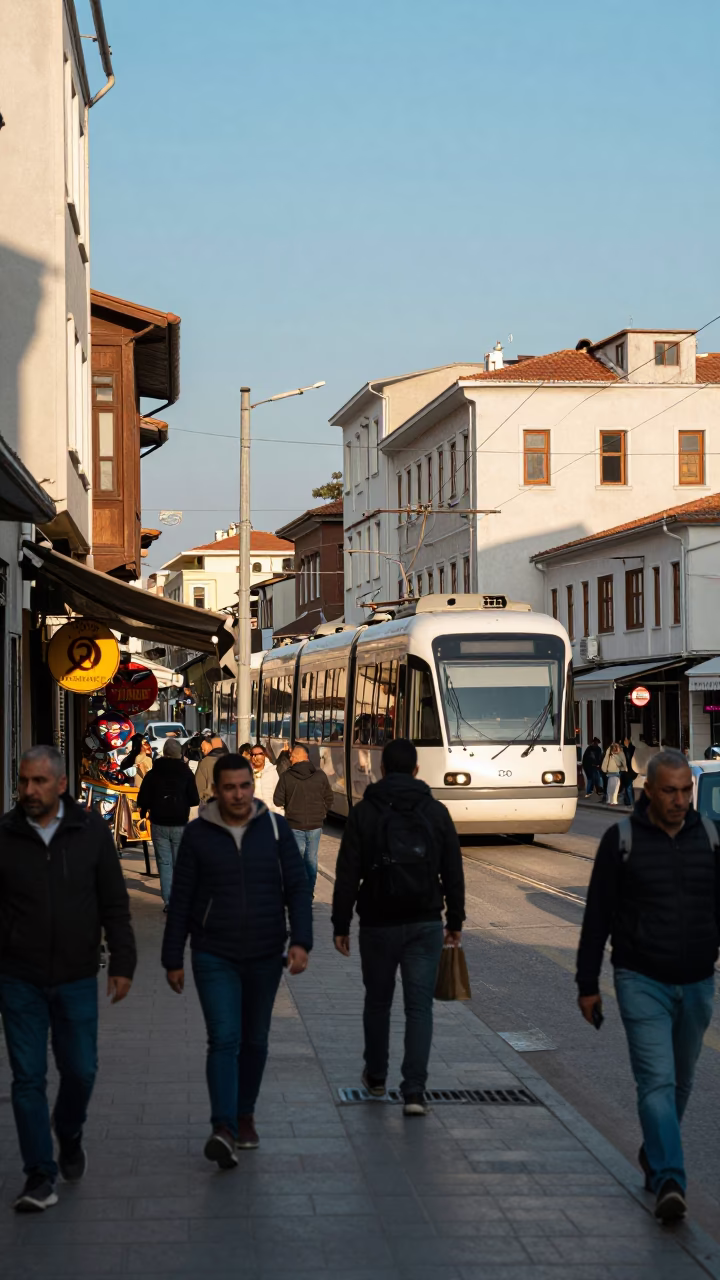 Busy Izmir Street Scene with Monorail Overhead and Local Market Activity in Late Afternoon in in Izmir, Turkey