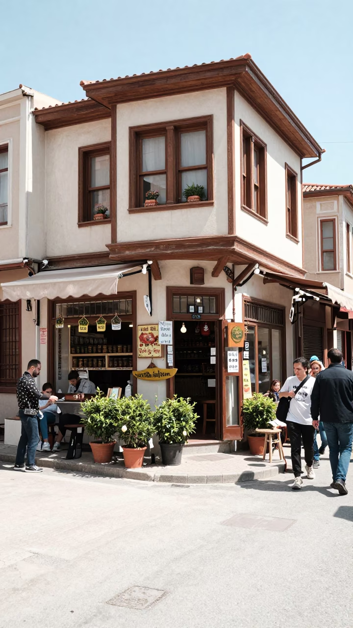 Busy Izmir Street Scene with Tea Shop and Local Interaction in in Izmir, Turkey