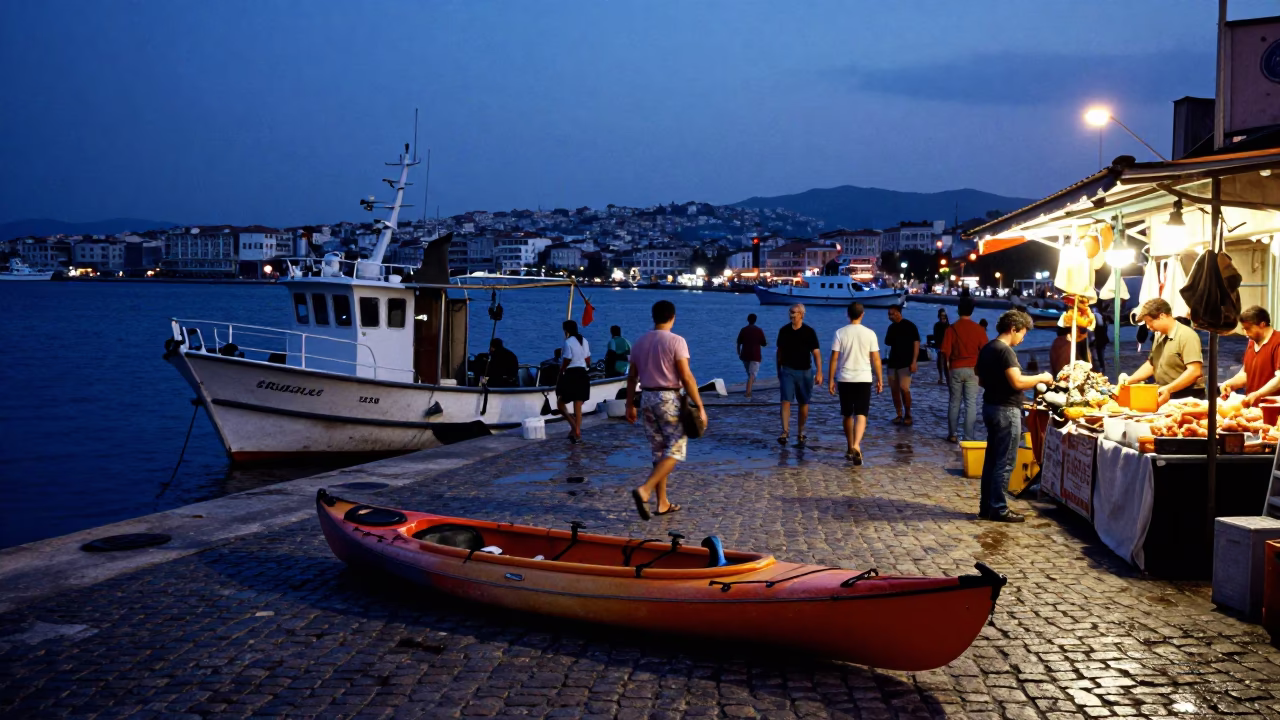Busy Izmir Turkey Blue Hour Street Scene with Fishing Trawler and Kayak in in Izmir, Turkey