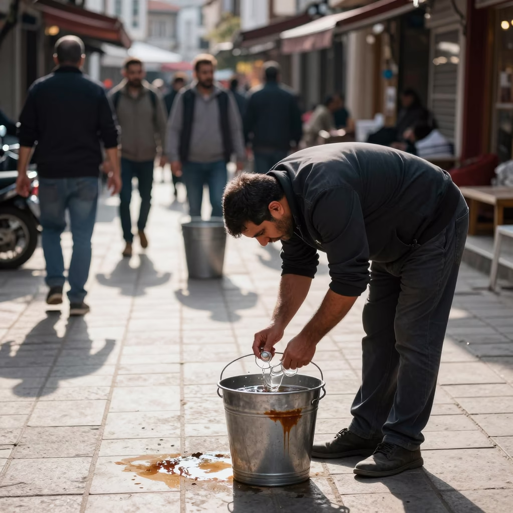 Busy Izmir Turkey Early Afternoon Street Scene with Tea Stains and Local Life in in Izmir, Turkey
