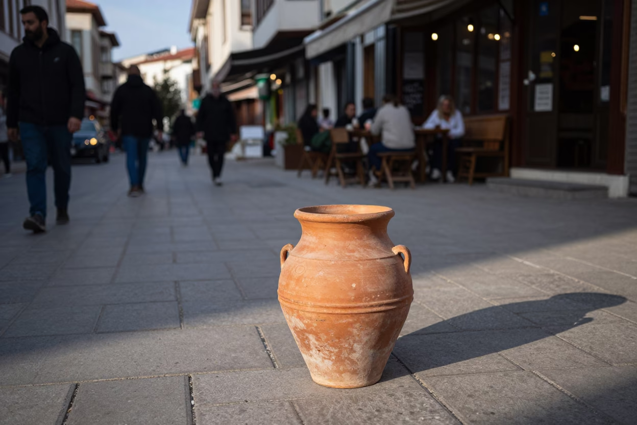 Busy Izmir Turkey Early Afternoon Street Scene with Terracotta Pot and Vine in in Izmir, Turkey