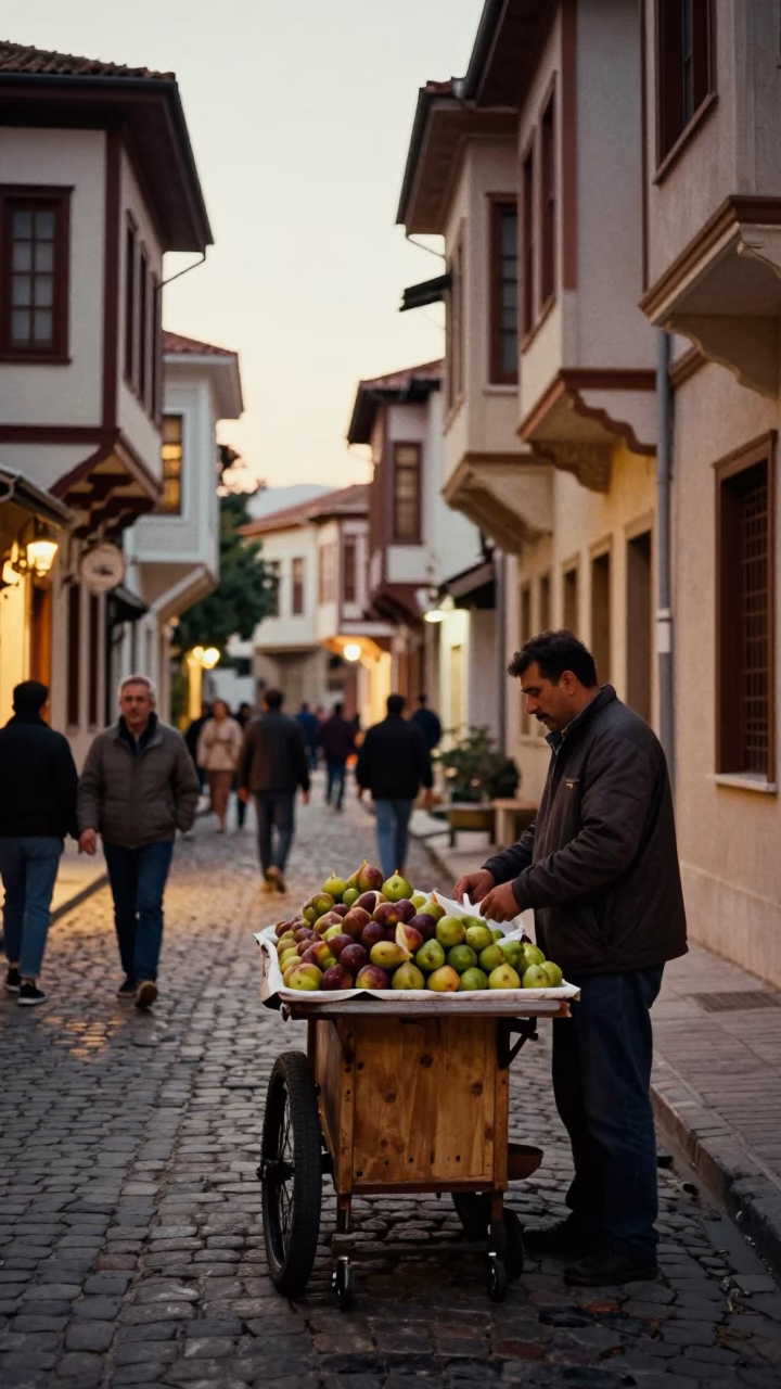 Busy Izmir Turkey Evening Street Scene with Local Vendor and Glass Jar in in Izmir, Turkey