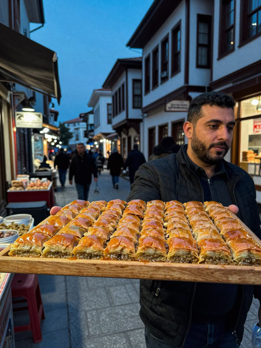 Busy Izmir Turkey Evening Street Scene with Traditional Turkish Baklava Syrup Glistening on Tray in in Izmir, Turkey