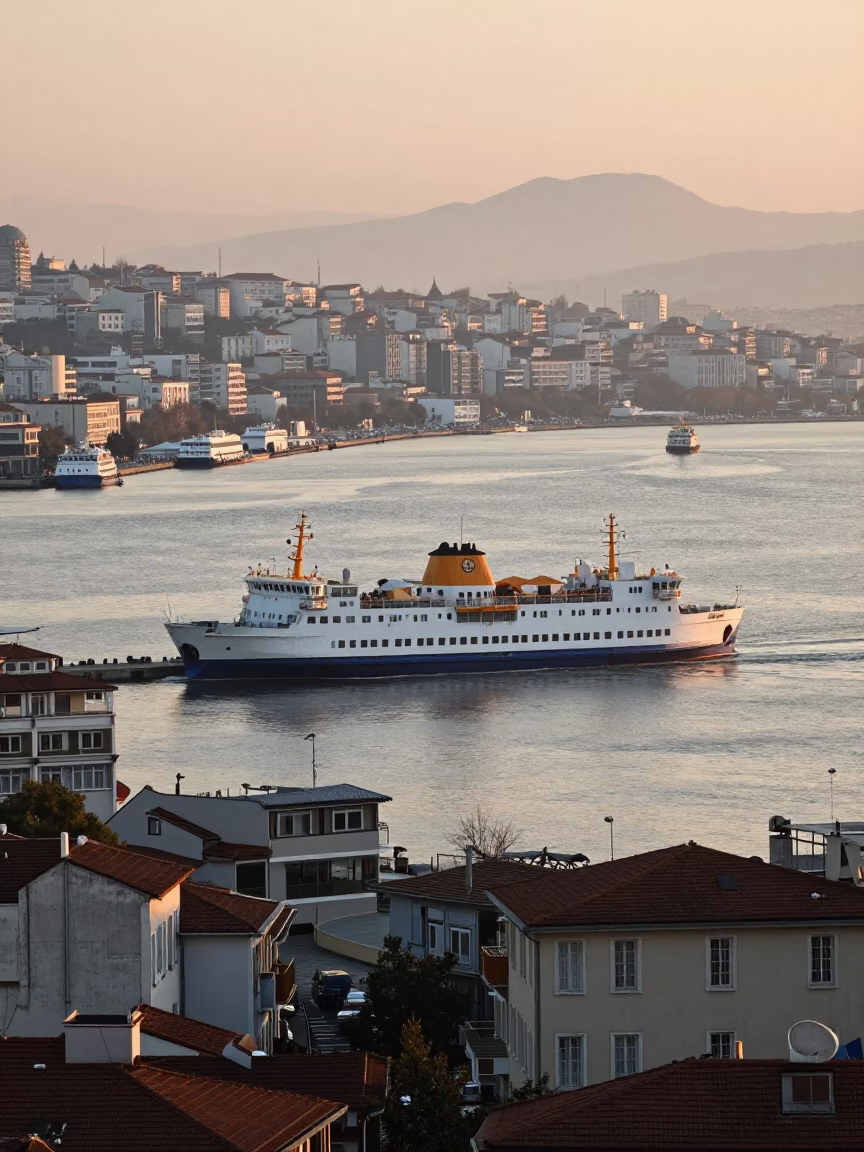 Busy Izmir Turkey Harbor Dawn Ferry Approach and Urban Street Life in in Izmir, Turkey