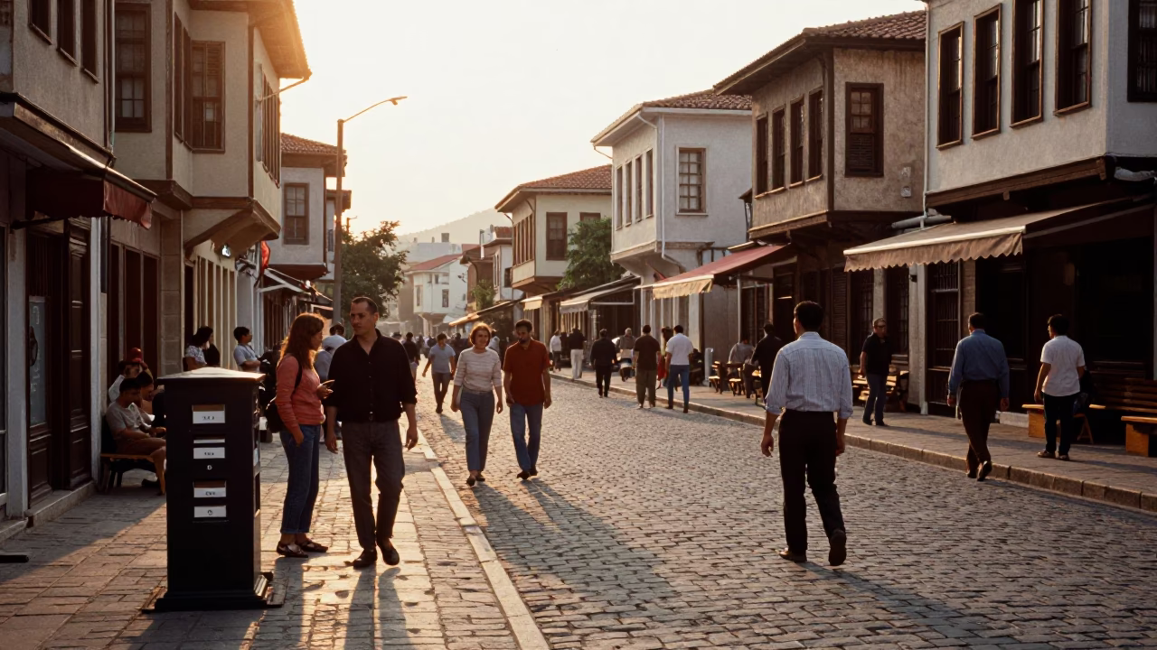Busy Izmir Turkey Late Afternoon Street Scene with File Box and Processional Float in in Izmir, Turkey