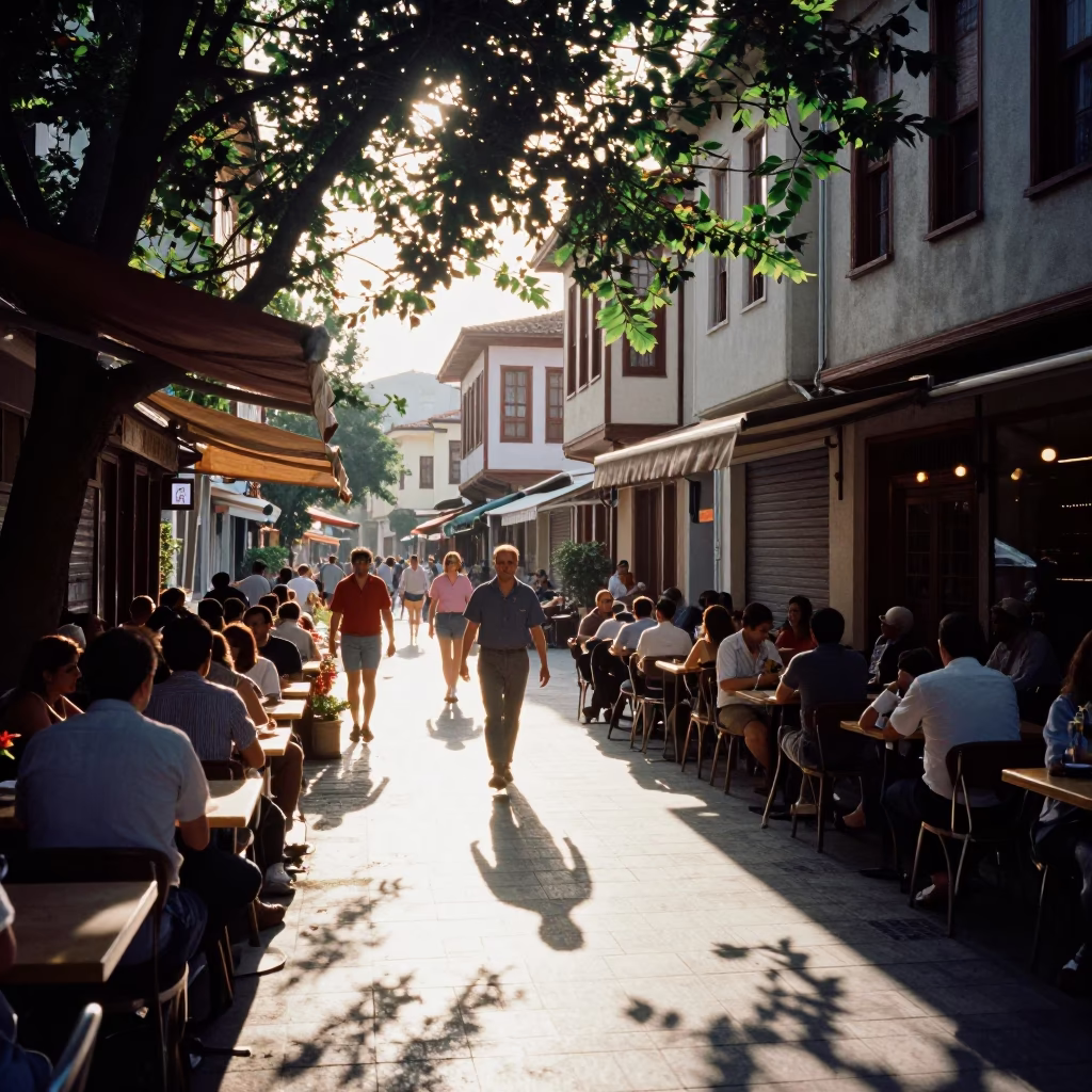 Busy Izmir Turkey Late Afternoon Street Scene with Leaf Shadows and Local Life in in Izmir, Turkey