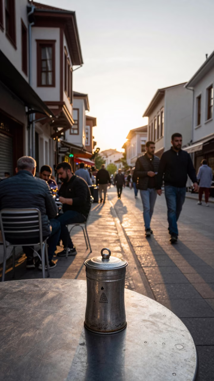 Busy Izmir Turkey Late Afternoon Street Scene with Tea Tin and Local Interaction in in Izmir, Turkey