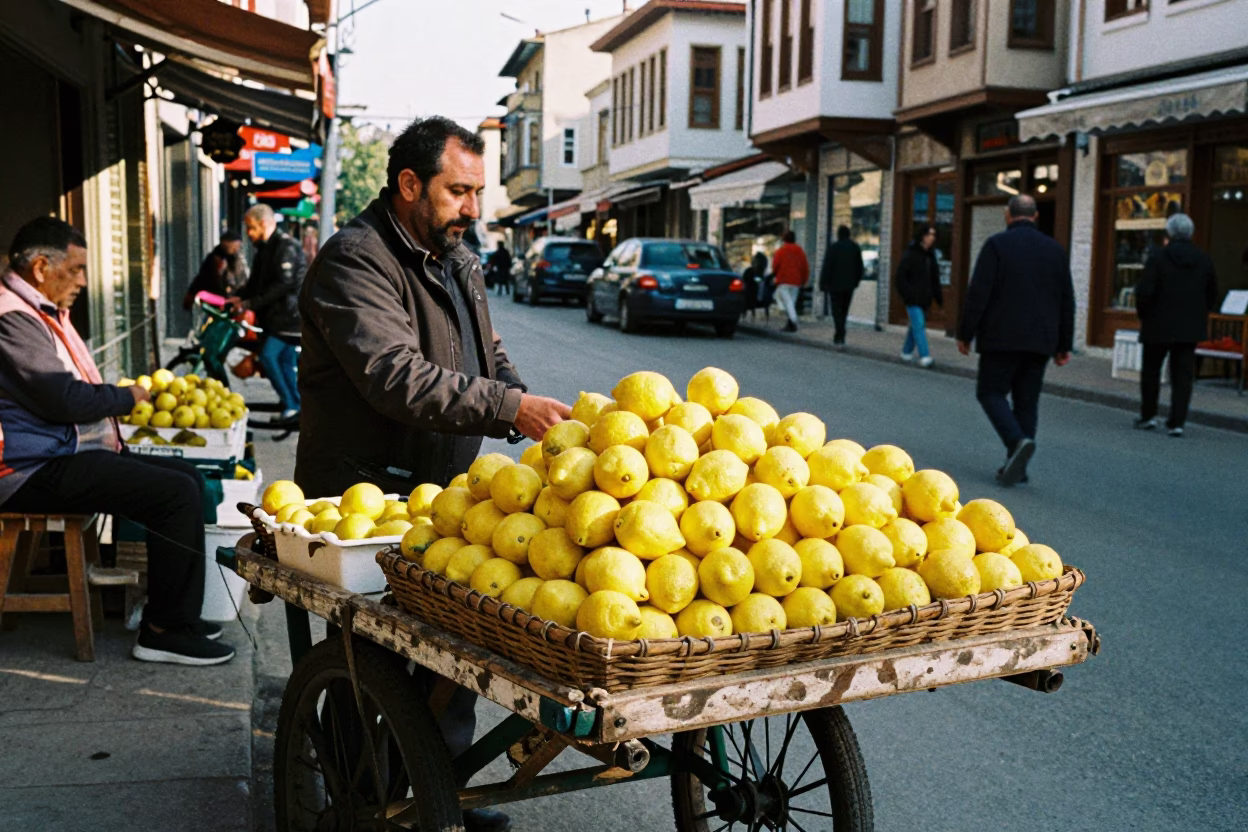 Busy Izmir Turkey Late Morning Street Scene with Lemons and Olive Dish in in Izmir, Turkey
