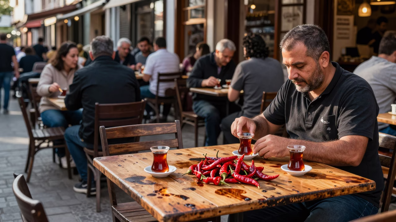 Busy Izmir Turkey Late Morning Street Scene with Tea Stains and Chili Peppers in in Izmir, Turkey