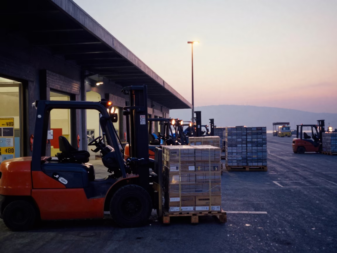 Busy Izmir Turkey Loading Dock Dawn Scene with Forklifts and Pallets in in Izmir, Turkey