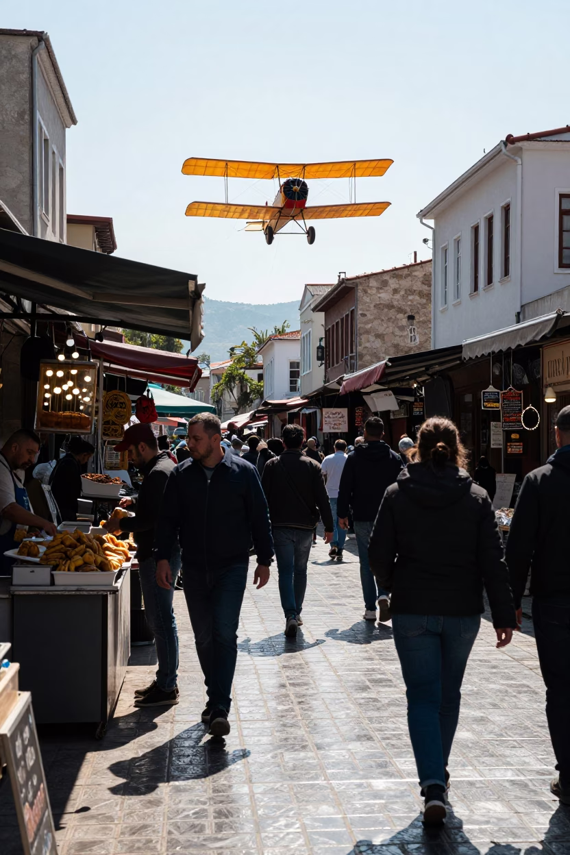 Busy Izmir Turkey Midday Street Scene with Vintage Biplane Kite Flying Over Local Market in in Izmir, Turkey