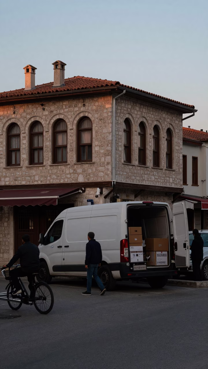 Busy Izmir Turkey street corner at nautical dawn with local market activity in in Izmir, Turkey