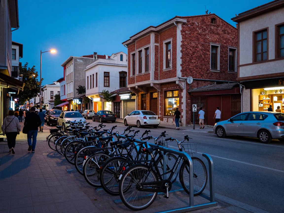 Busy Izmir Turkey Street Scene at Blue Hour with Bicycle Rack and Urban Life in in Izmir, Turkey