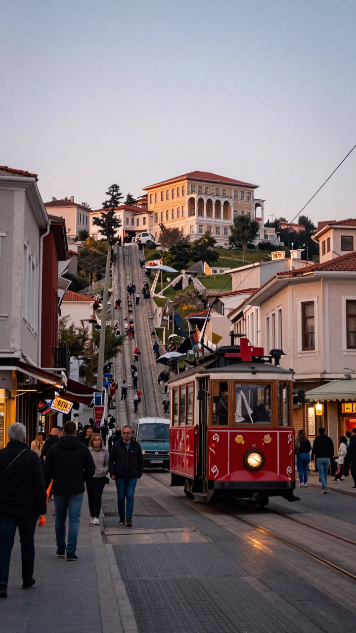 Busy Izmir Turkey Street Scene at Dawn with Funicular and Urban Details in in Izmir, Turkey