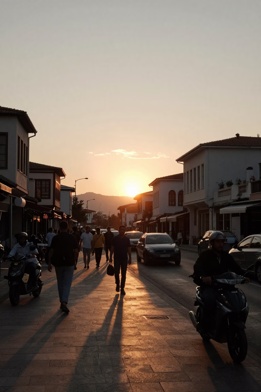 Busy Izmir Turkey Street Scene at Sunset with Loom Shuttle and Linen Fringe Details in in Izmir, Turkey