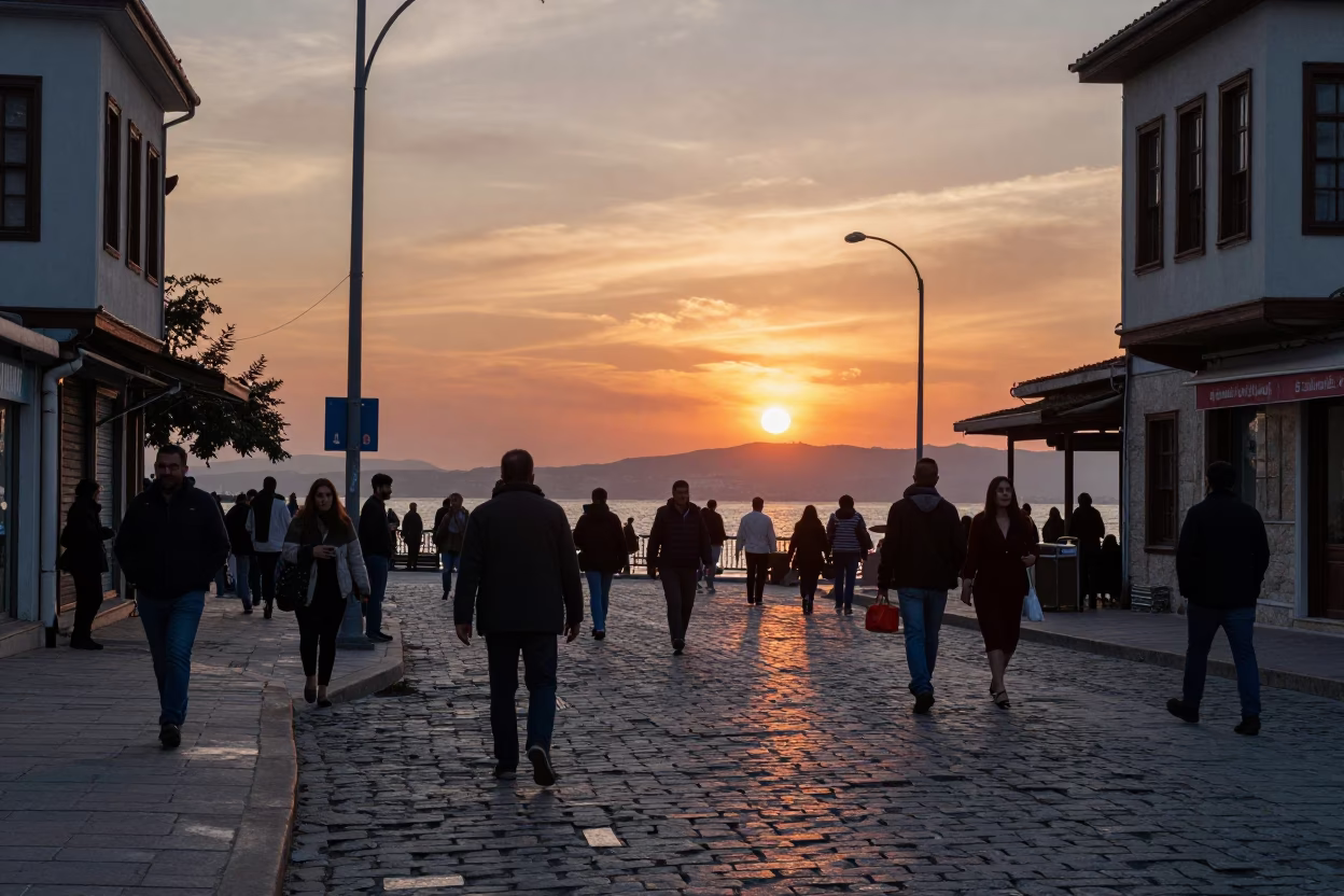 Busy Izmir Turkey Street Scene at Sunset with Tea Stains and Linen Fringe in in Izmir, Turkey