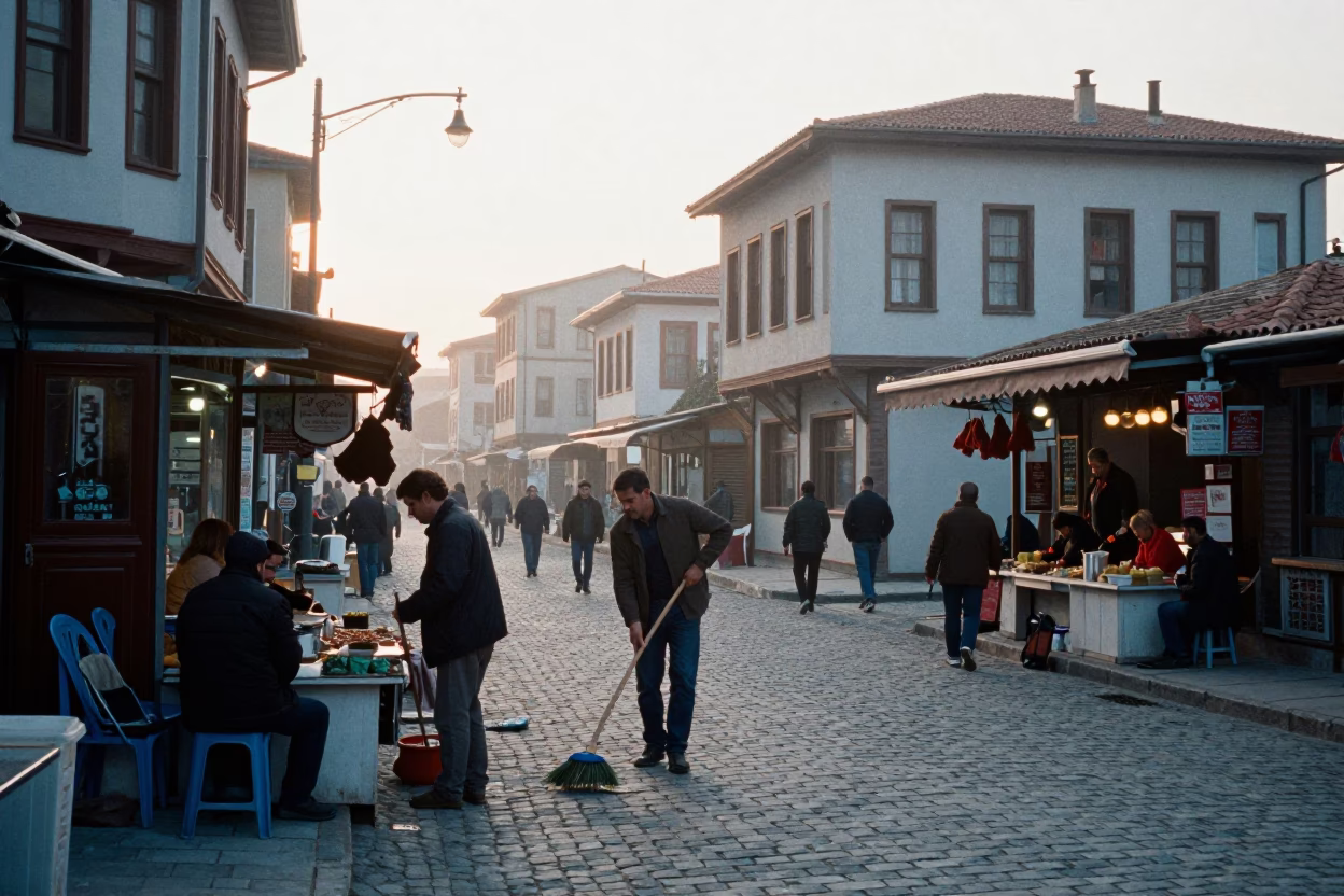 Busy Izmir Turkey Street Scene Before Sunrise with Local Vendors and Morning Activity in in Izmir, Turkey
