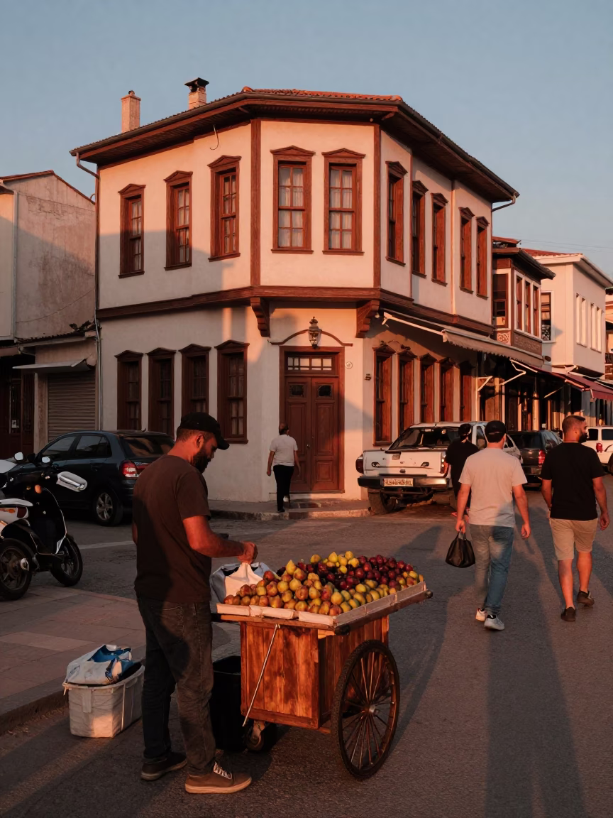 Busy Izmir Turkey Street Scene Copper Toned Light Before Dusk with Local Market Activity in in Izmir, Turkey