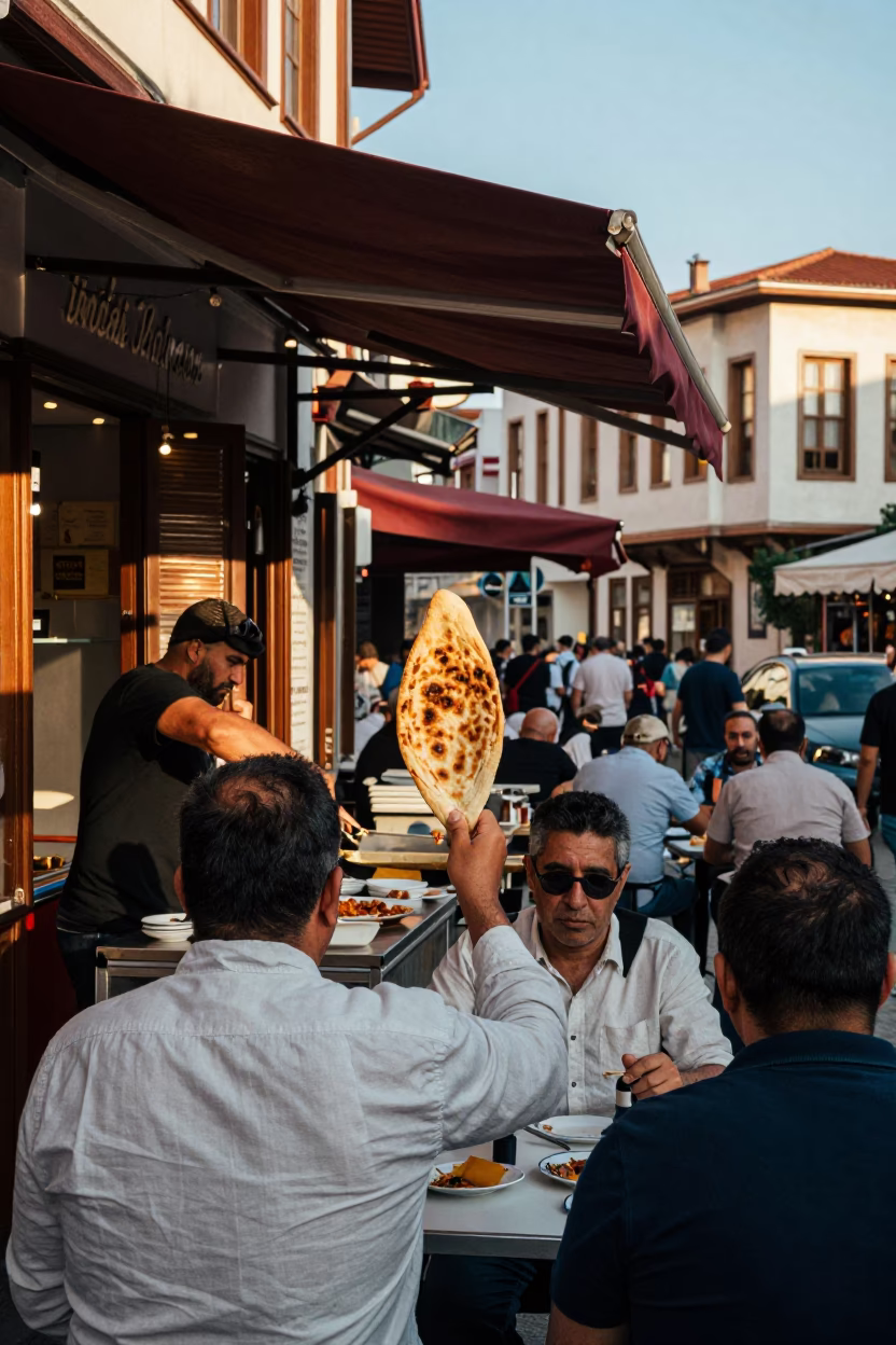 Busy Izmir Turkey Street Scene Early Afternoon with Lahmacun and Local Interaction in in Izmir, Turkey