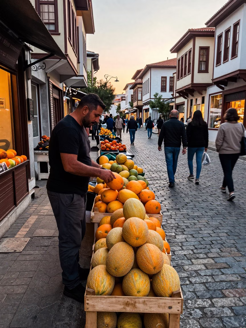Busy Izmir Turkey Street Scene Early Evening with Melons and Crate in in Izmir, Turkey