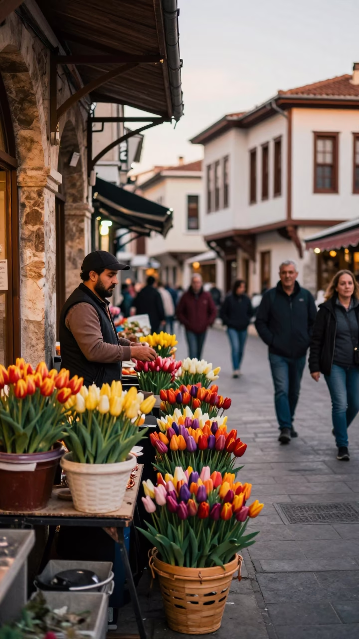 Busy Izmir Turkey Street Scene Honeyed Evening Light with Tulips and Local Activity in in Izmir, Turkey