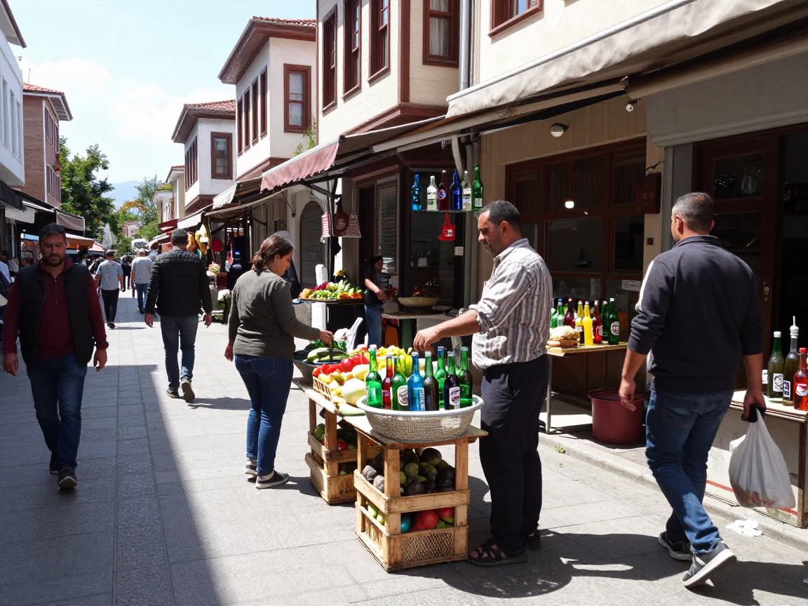 Busy Izmir Turkey Street Scene with Colored Glass Bottle and Mesh Colander at Midday in in Izmir, Turkey