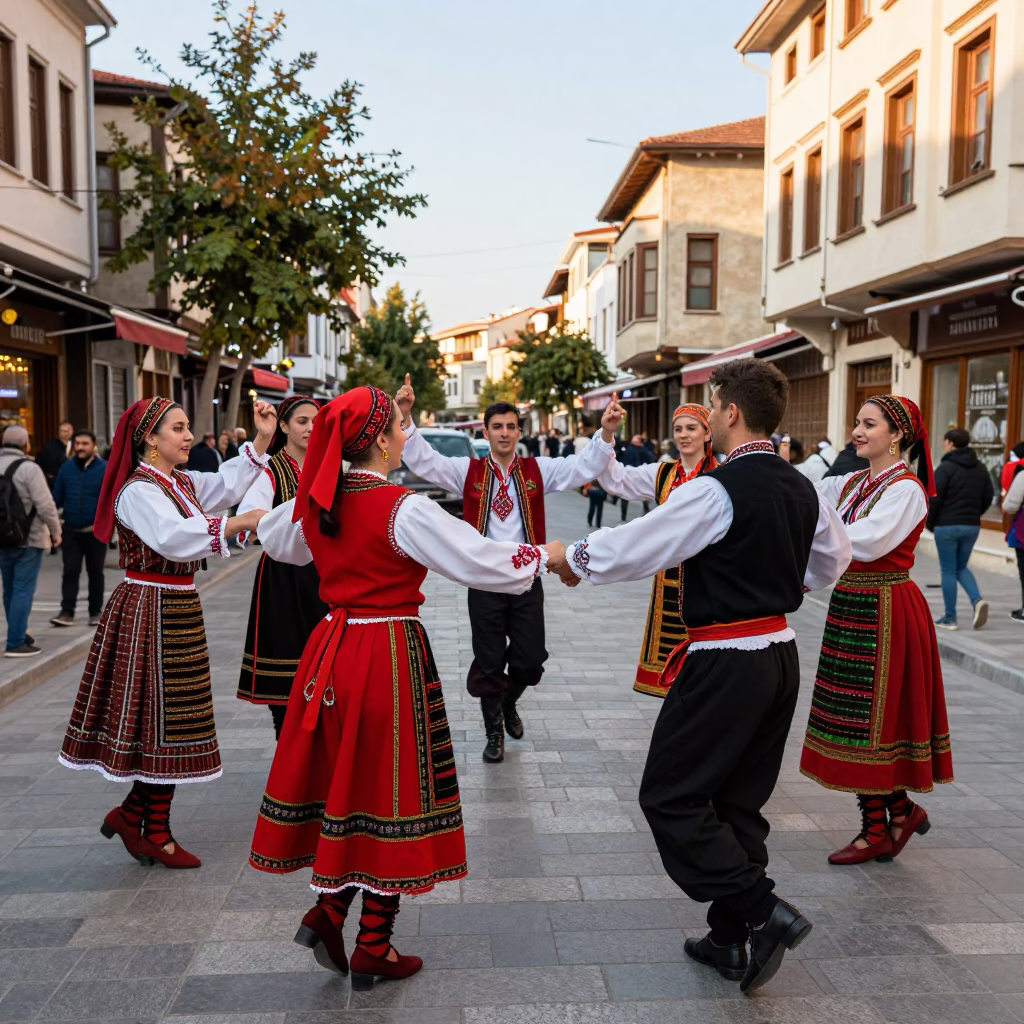 Busy Izmir Turkey Street Scene with Folk Dance Performance and Traditional Costumes in in Izmir, Turkey