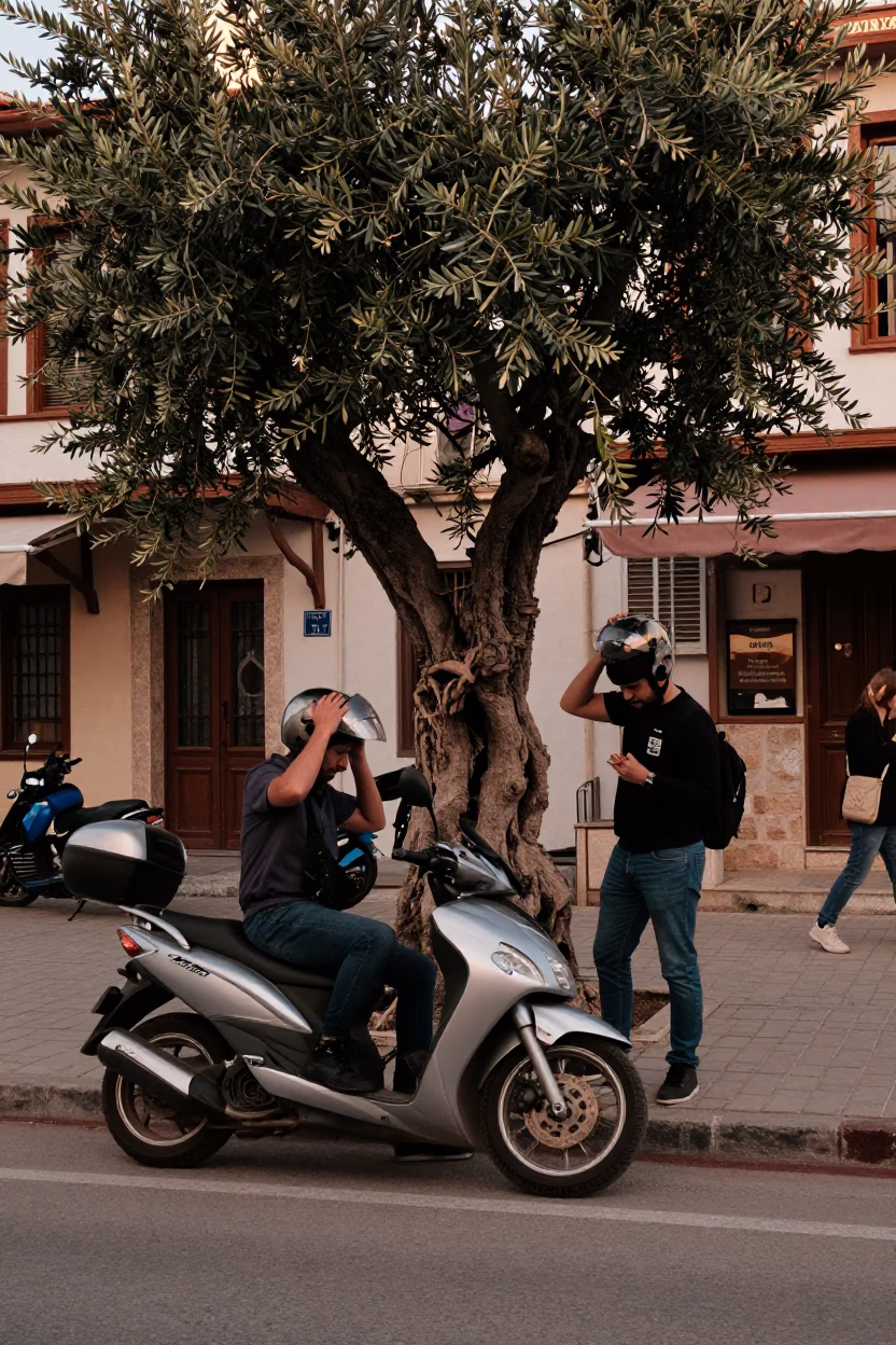 Busy Izmir Turkey Street Scene with Motorcycle and Olive Tree in Copper Dusk Light in in Izmir, Turkey