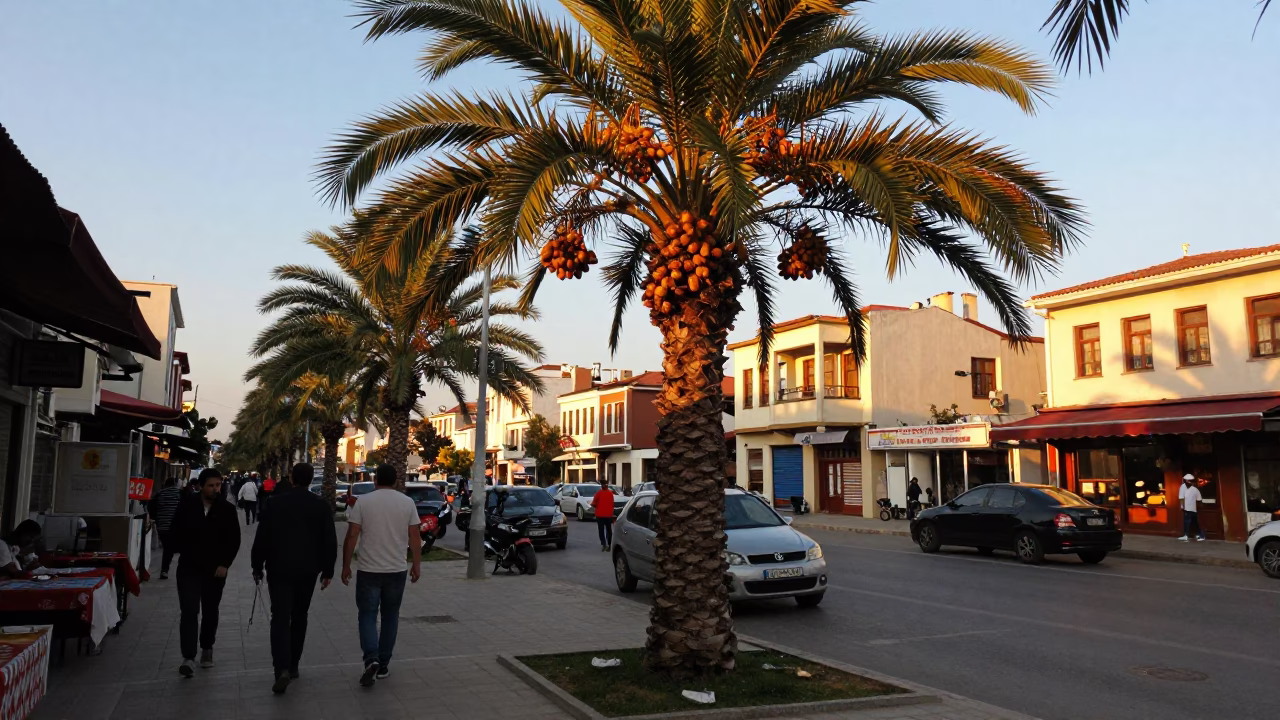 Busy Izmir Turkey Sunset Street Scene with Date Palm and Local Activity in in Izmir, Turkey