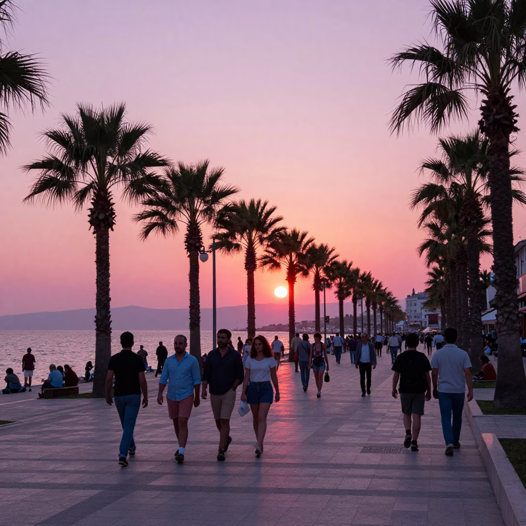 Busy Izmir Turkey Sunset Street Scene with Local Life and Coastal Views in in Izmir, Turkey