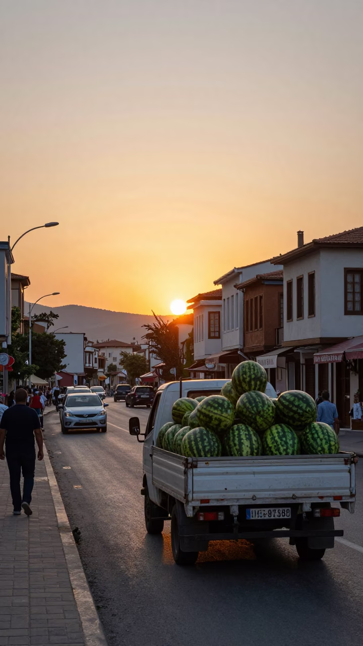 Busy Izmir Turkey Sunset Street Scene with Watermelon Truck and Coastal Architecture in in Izmir, Turkey