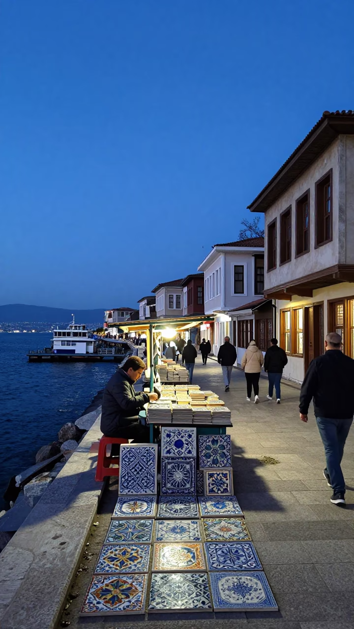 Busy Izmir Turkey Twilight Street Scene with Ceramic Tiles and Oil Lamp in in Izmir, Turkey
