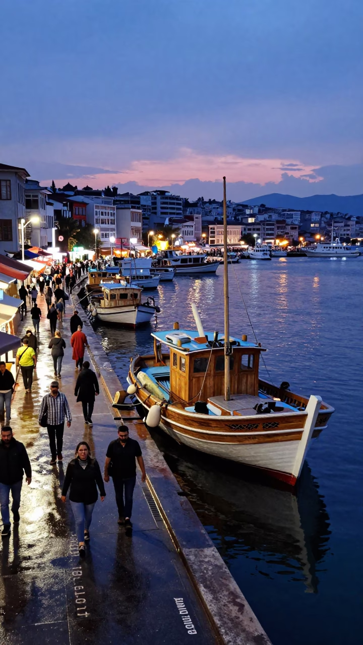 Busy Izmir Turkey Twilight Street Scene with Wooden Fishing Boat and Bicycle Basket in in Izmir, Turkey