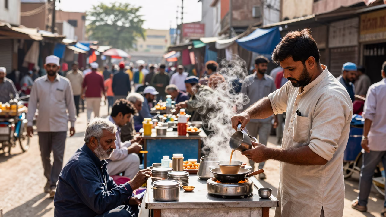 Busy Jaipur India Street Market Midday Scene with Local Vendors and Traditional Architecture in in Jaipur, India
