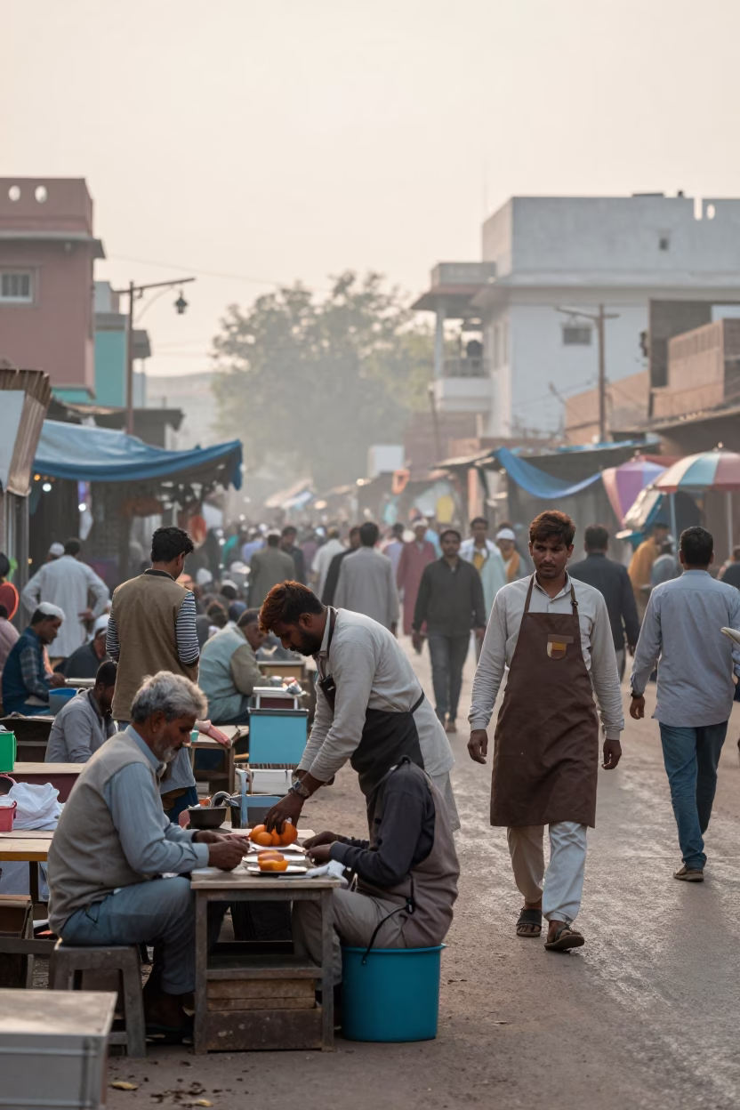 Busy Jaipur Morning Street Scene with Local Vendor and Traditional Market Activity in in Jaipur, India