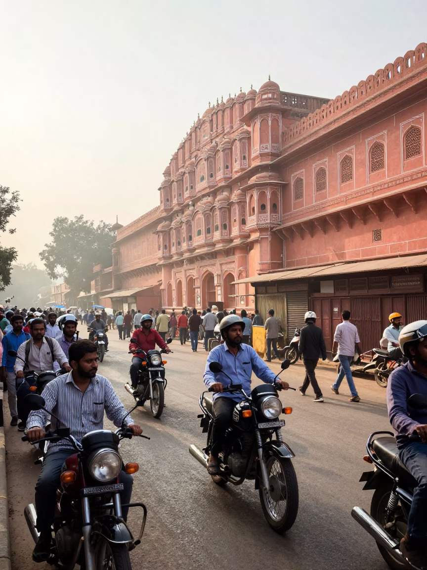 Busy Jaipur Morning Street Scene with Vendors and Pedestrians in Early Light in in Jaipur, India