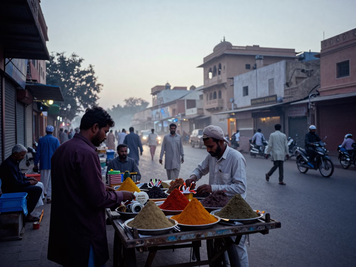 Busy Jaipur street at first light dawn with locals and vintage commerce in in Jaipur, India