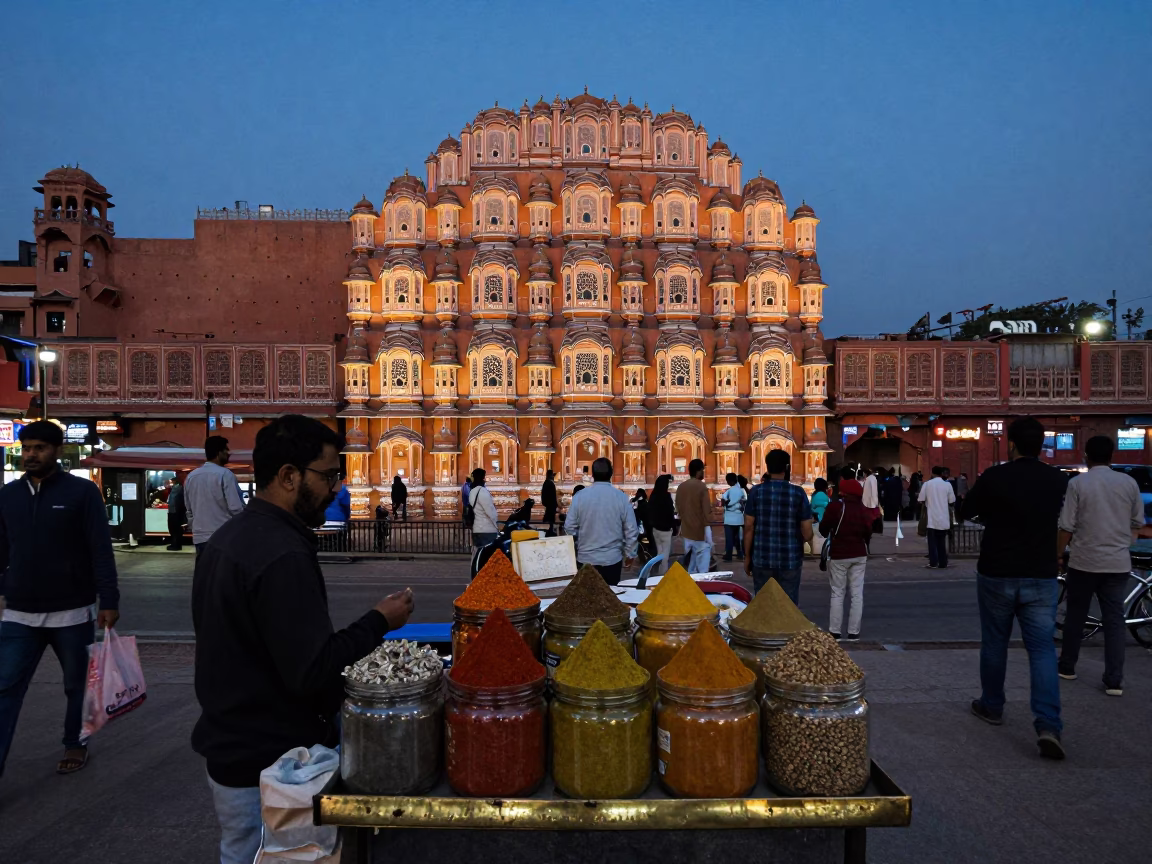 Busy Jaipur Street Corner at Blue Hour with Brass Edges and Spice Jars in in Jaipur, India