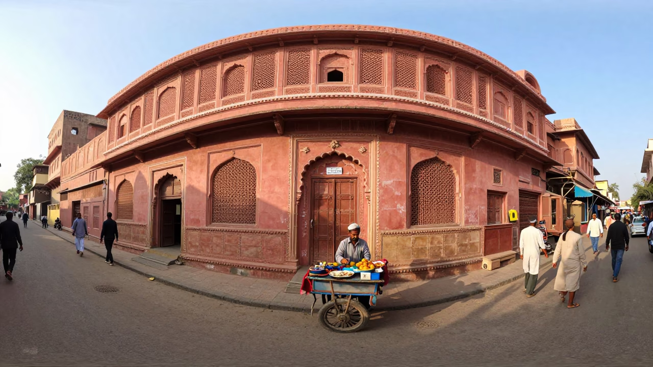 Busy Jaipur Street Corner Early Afternoon with Local Vendor and Traditional Architecture in in Jaipur, India