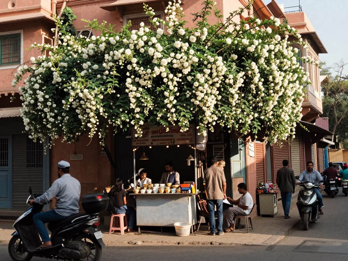 Busy Jaipur Street Corner Late Morning with Climbing Jasmine and Local Commerce in in Jaipur, India