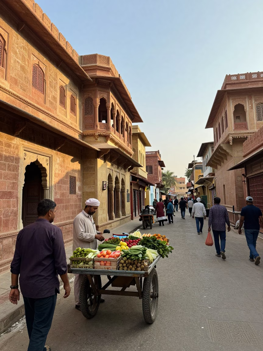 Busy Jaipur Street Corner Late Morning with Stone Architecture and Local Commerce in in Jaipur, India