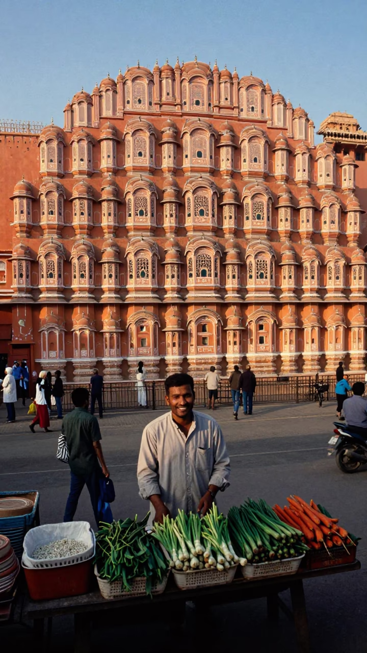 Busy Jaipur Street Corner Morning Light with Local Vendor and Folding Chair in in Jaipur, India